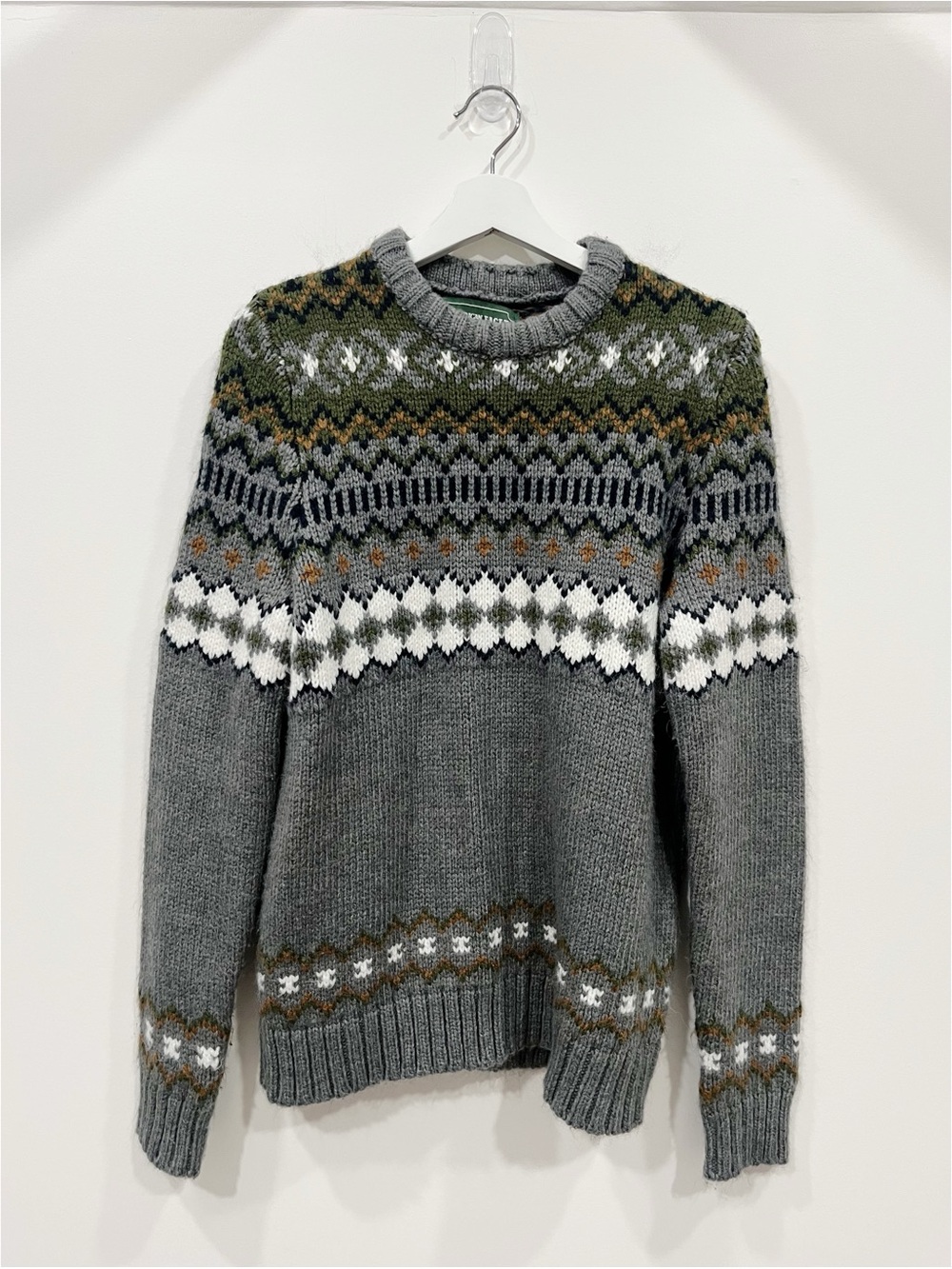 American Eagle Mens Fair Isle Nordic Knit Crewneck Sweater Gray Green Small